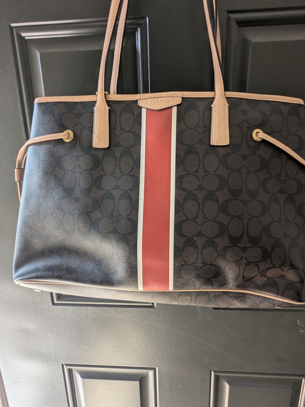 Coach Black Signature Canvas Tote with Red Center Stripe